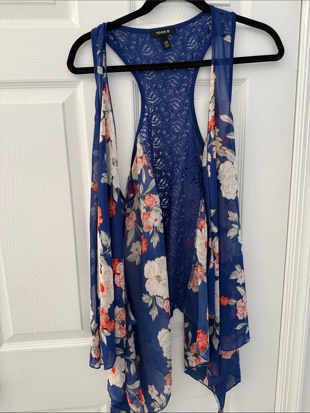 torrid Navy Floral Lace-Back Sleeveless kimono vest